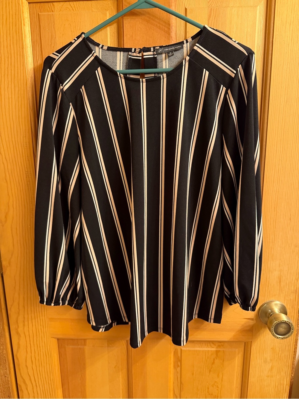 Adrianna Papell Black Blouse with Cream and Blush Stripes